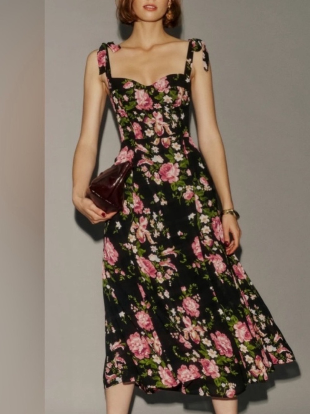 Reformation Black Floral Tie-Shoulder Midi Dress